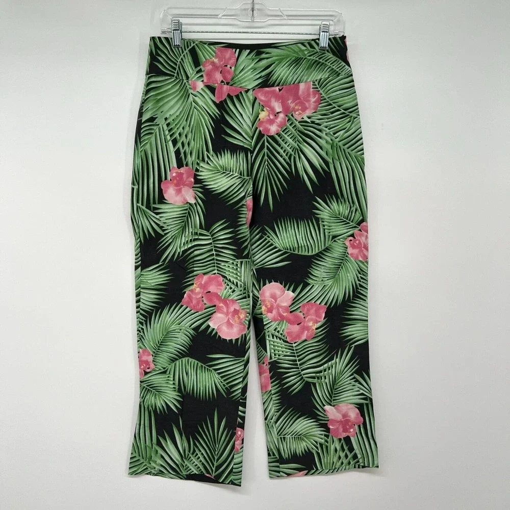 NWOT ICE Silk Pants Women's 8 Pink Green Tropical Wide Leg Cropped Hi-Rise